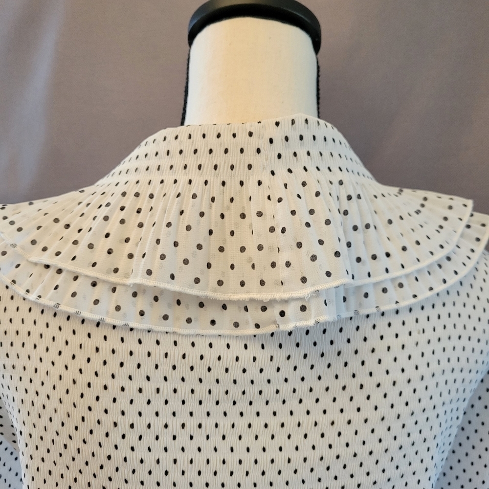 Caelian Top Womens Medium Long Sleeve Blouse White Black Ruffled Tie - Picture 9 of 12